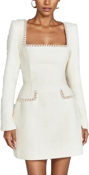 LETSVDO Women's Elegant Tweed Dress Long Sleeve Square Neck Pearl A Line Classy Formal Party Mini Dresses Fall 2024