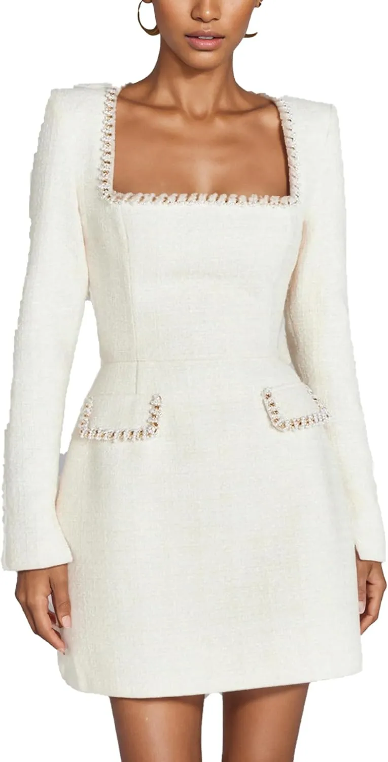 LETSVDO Women's Elegant Tweed Dress Long Sleeve Square Neck Pearl A Line Classy Formal Party Mini Dresses Fall 2024