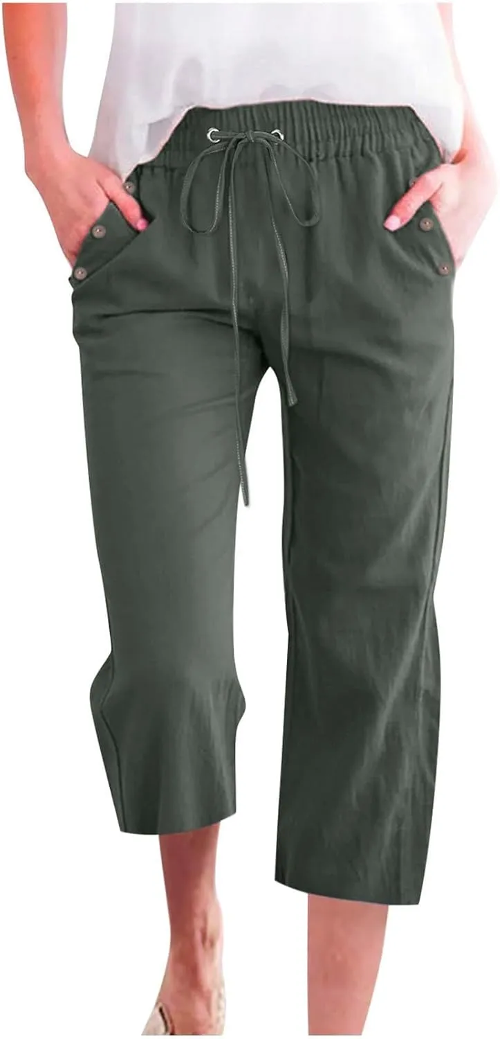 Linen Capri Pants for Women Cotton Casual Summer Capris Drawstring High Waist Pants Wide Leg Cropped Trousers