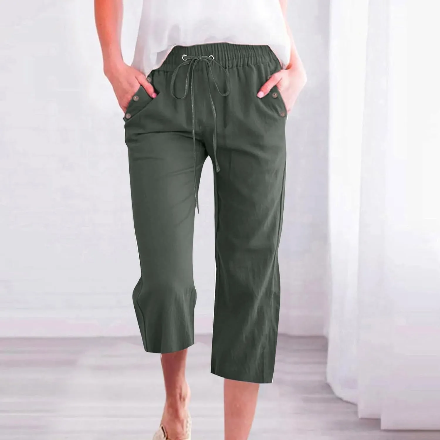 Linen Capri Pants for Women Cotton Casual Summer Capris Drawstring High Waist Pants Wide Leg Cropped Trousers