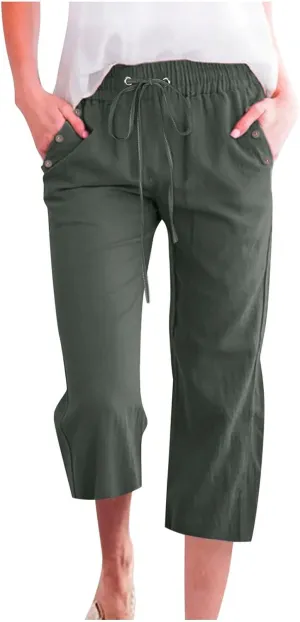 Linen Capri Pants for Women Cotton Casual Summer Capris Drawstring High Waist Pants Wide Leg Cropped Trousers
