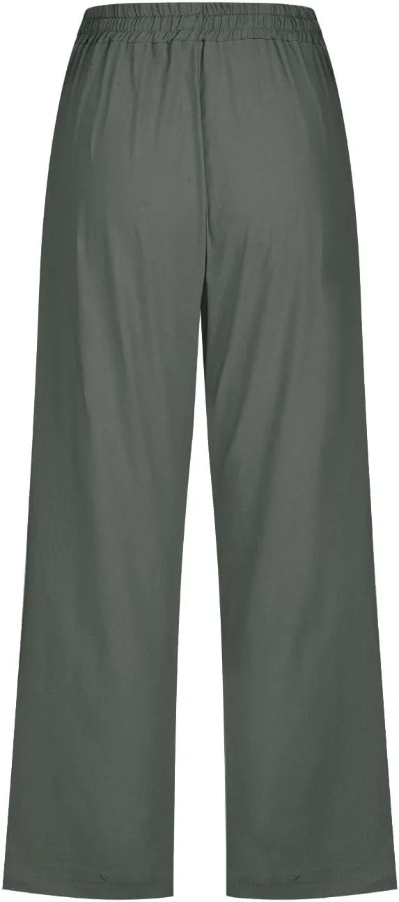 Linen Capri Pants for Women Cotton Casual Summer Capris Drawstring High Waist Pants Wide Leg Cropped Trousers
