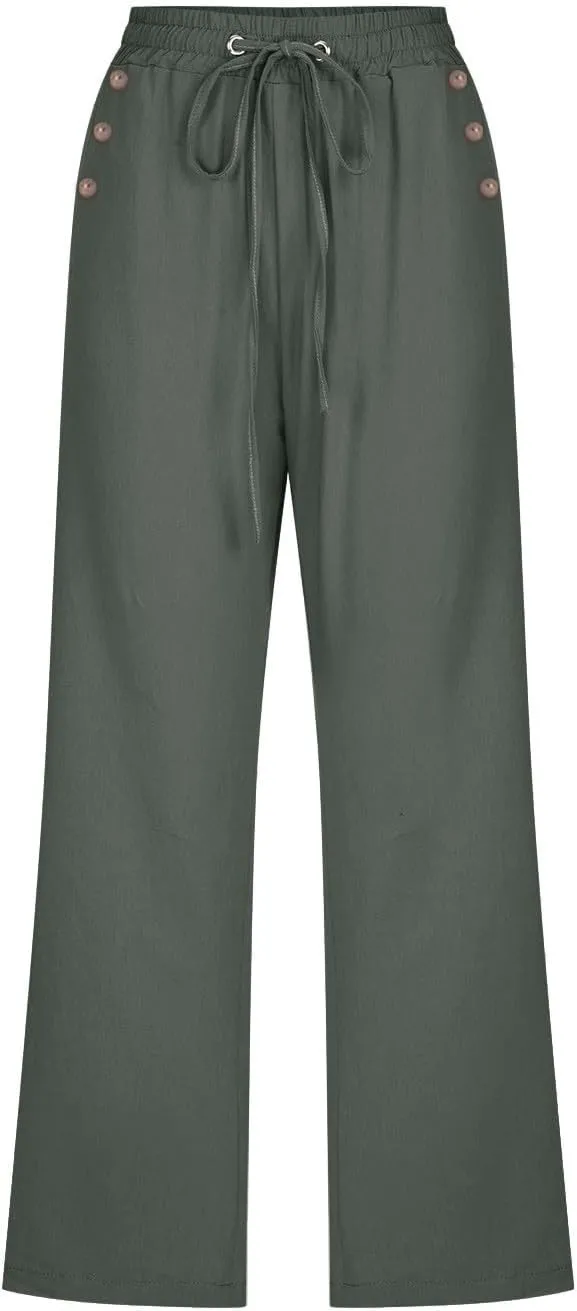 Linen Capri Pants for Women Cotton Casual Summer Capris Drawstring High Waist Pants Wide Leg Cropped Trousers