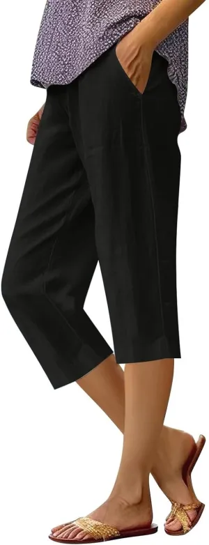 Linen Capri Pants for Women Cotton Linen Pants Casual 2025 Comfy Trendy Elastic Waist Trouser Beach Vacation Clothes