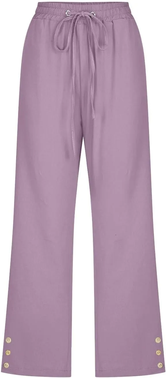Linen Capri Pants for Women Drawstring Elastic Waisted Pants Summer Casual Trousers Loose Cropped Pants with Pockets
