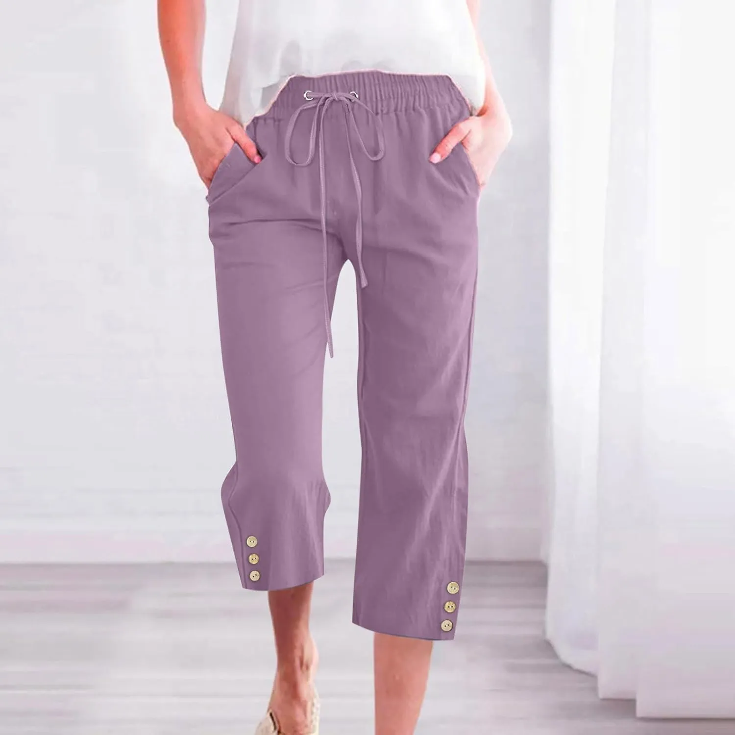 Linen Capri Pants for Women Drawstring Elastic Waisted Pants Summer Casual Trousers Loose Cropped Pants with Pockets