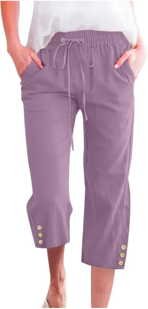 Linen Capri Pants for Women Drawstring Elastic Waisted Pants Summer Casual Trousers Loose Cropped Pants with Pockets