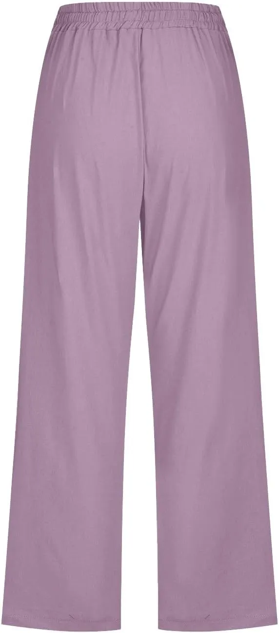 Linen Capri Pants for Women Drawstring Elastic Waisted Pants Summer Casual Trousers Loose Cropped Pants with Pockets