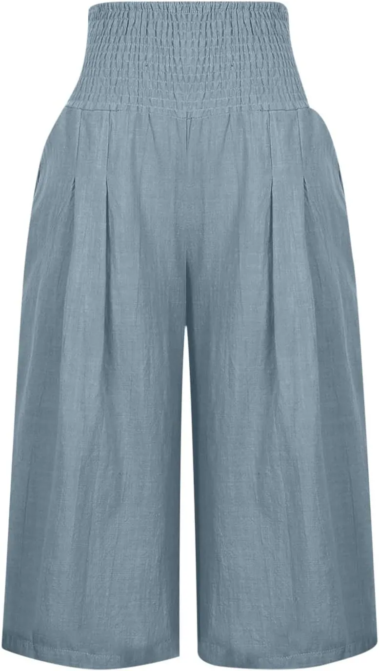 Linen Capri Pants for Women Elastic High Waisted Wide Leg Pant Baggy Lightweight Casual Summer Trendy Palazzo Trouser