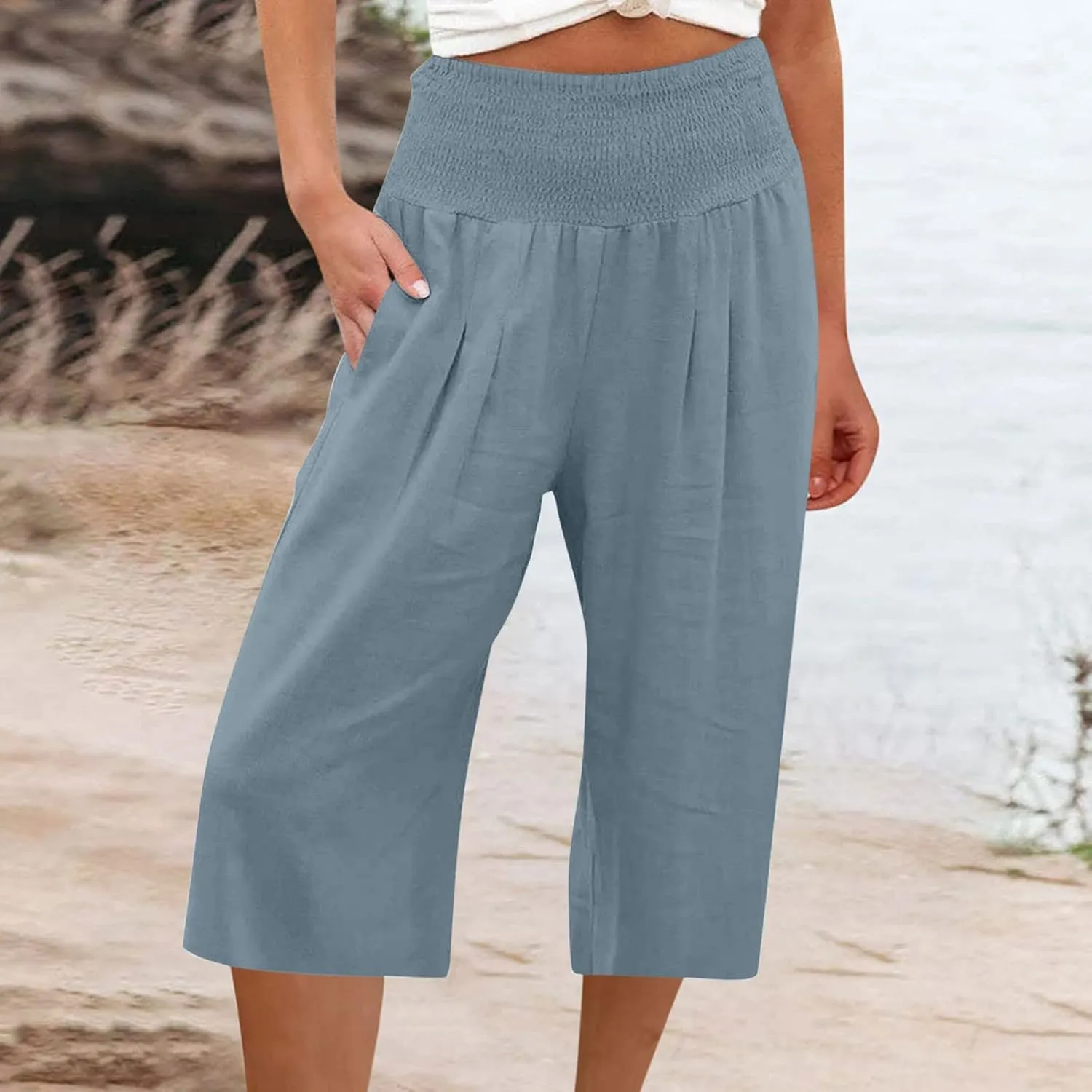Linen Capri Pants for Women Elastic High Waisted Wide Leg Pant Baggy Lightweight Casual Summer Trendy Palazzo Trouser