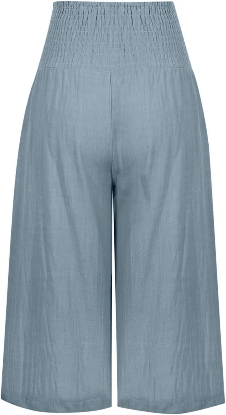 Linen Capri Pants for Women Elastic High Waisted Wide Leg Pant Baggy Lightweight Casual Summer Trendy Palazzo Trouser