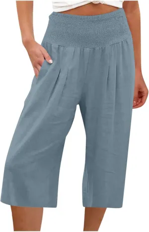 Linen Capri Pants for Women Elastic High Waisted Wide Leg Pant Baggy Lightweight Casual Summer Trendy Palazzo Trouser