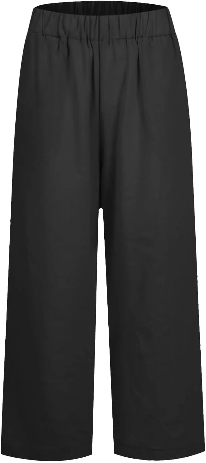 Linen Capri Pants for Women High Waisted Wide Leg Lounge Pant Comfy Soft Trousers Boho Beach Baggy Capris Casual Resort Wear