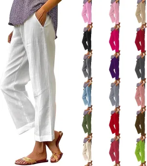Linen Capri Pants for Women High Waisted Wide Leg Lounge Pant Comfy Soft Trousers Boho Beach Baggy Capris Casual Resort Wear