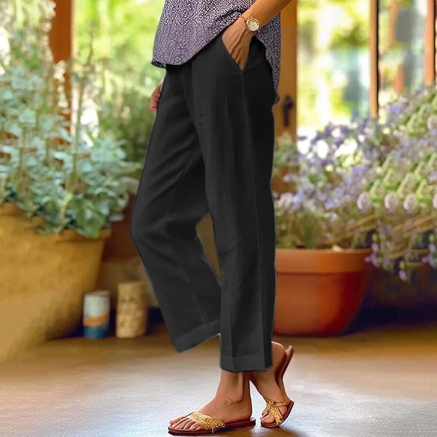 Linen Capri Pants for Women High Waisted Wide Leg Lounge Pant Comfy Soft Trousers Boho Beach Baggy Capris Casual Resort Wear