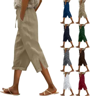 Linen Capris Pants for Women 2025 Summer High Waist Elastic Straight Leg Trousers Casual Beach Loose Fit Lounge Wear