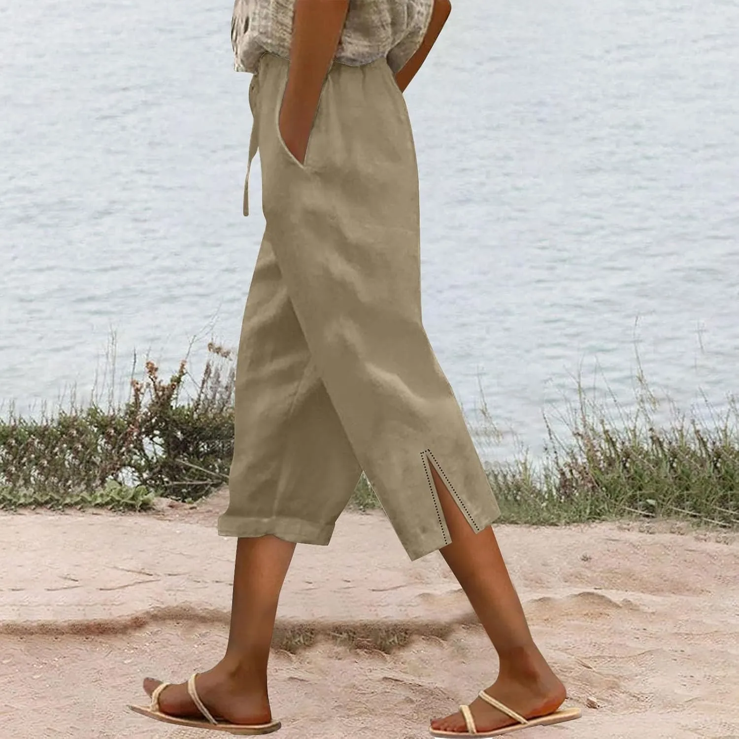 Linen Capris Pants for Women 2025 Summer High Waist Elastic Straight Leg Trousers Casual Beach Loose Fit Lounge Wear