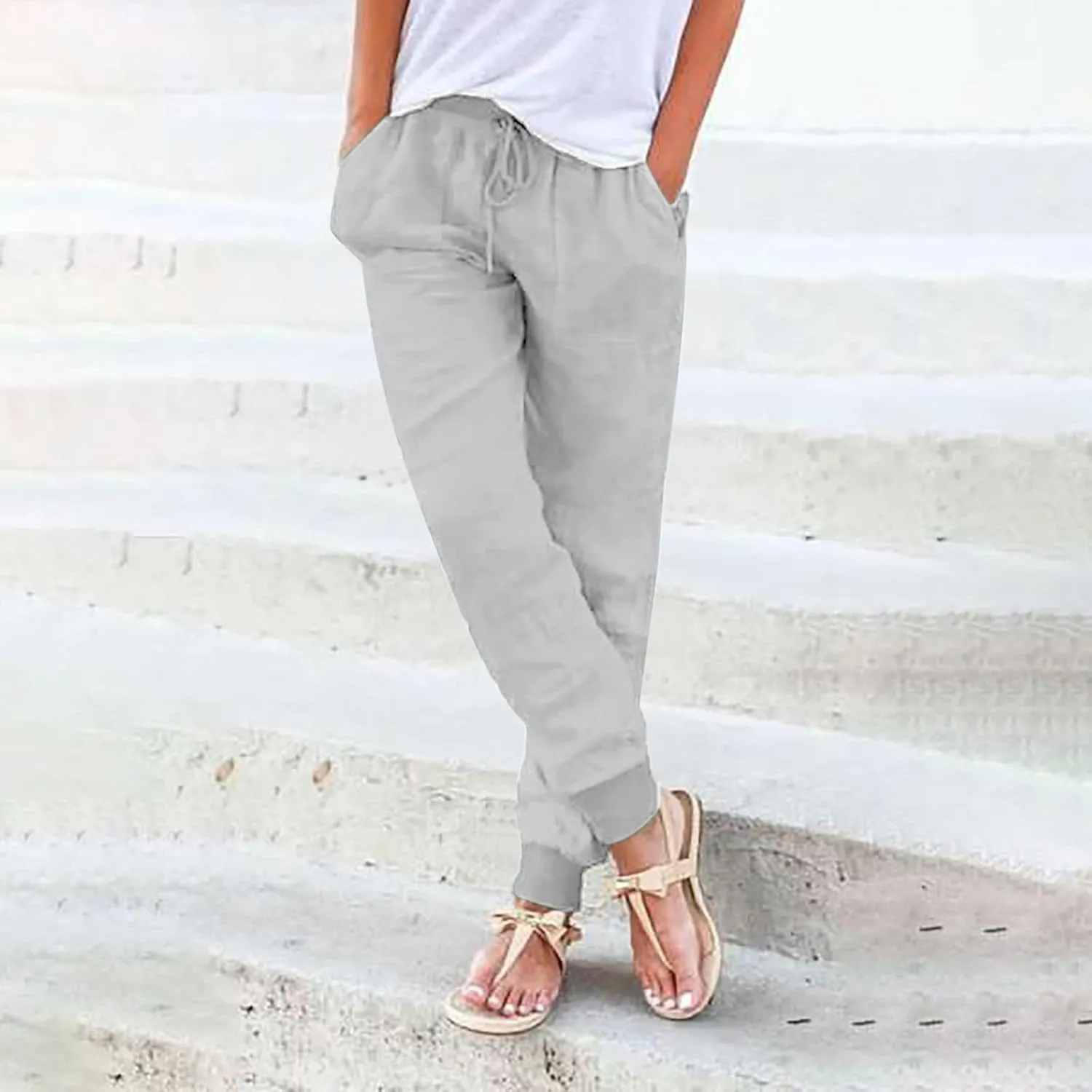 Linen Joggers for Women Casual Elastic High Waist Pants Drawstring Tapered Pants Sumemr Lightweight Trousers with Pockets