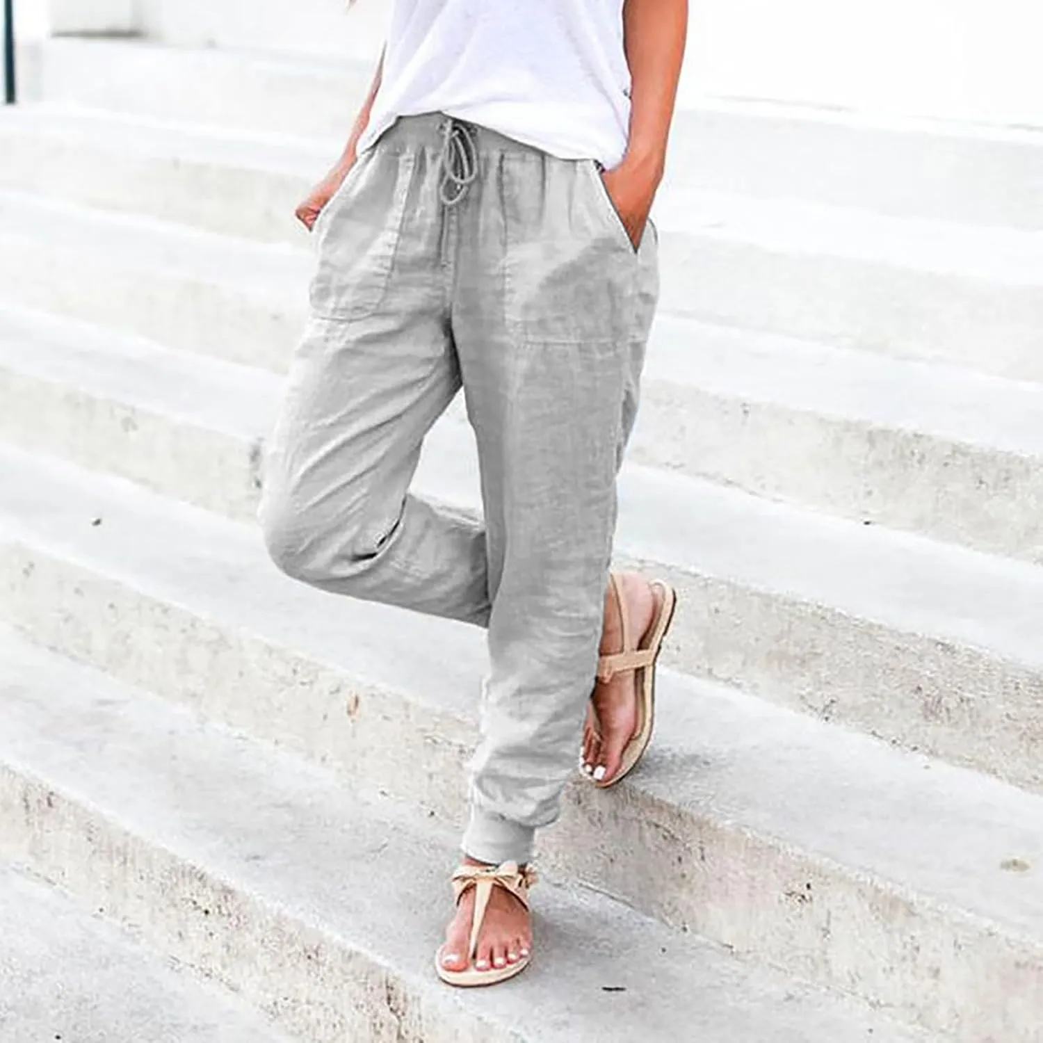Linen Joggers for Women Casual Elastic High Waist Pants Drawstring Tapered Pants Sumemr Lightweight Trousers with Pockets