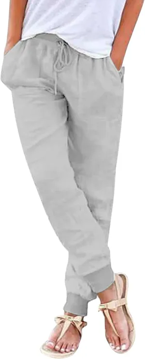 Linen Joggers for Women Casual Elastic High Waist Pants Drawstring Tapered Pants Sumemr Lightweight Trousers with Pockets