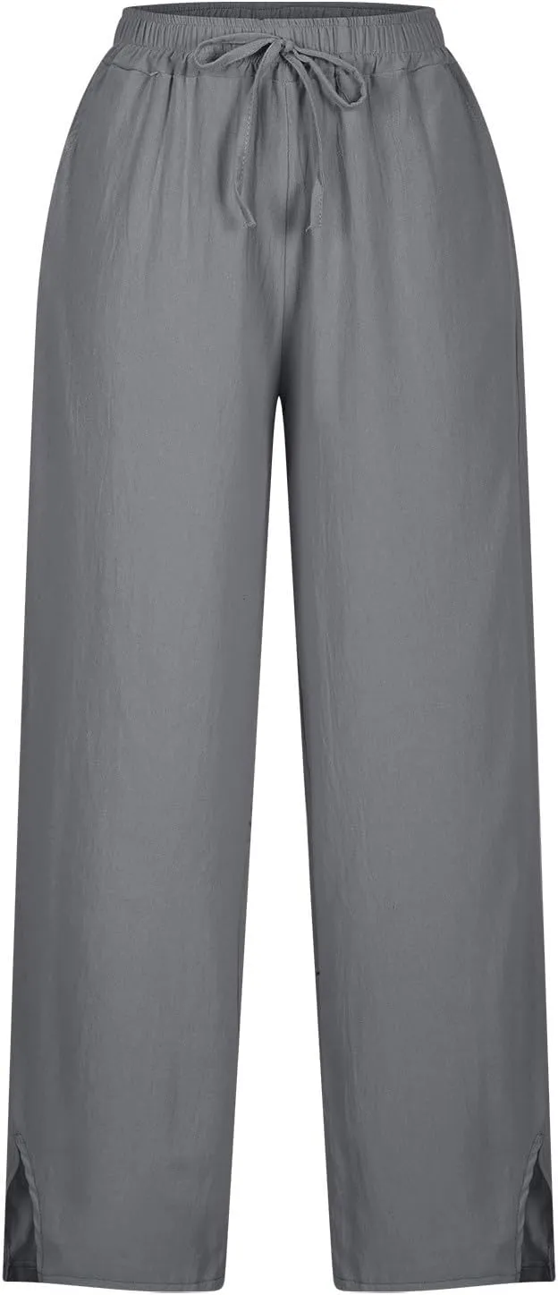 Linen Pants for Women 2025 Summer Casual Lightweight Drawstring Elastic Waist Pants Straight Leg Lounge Trousers