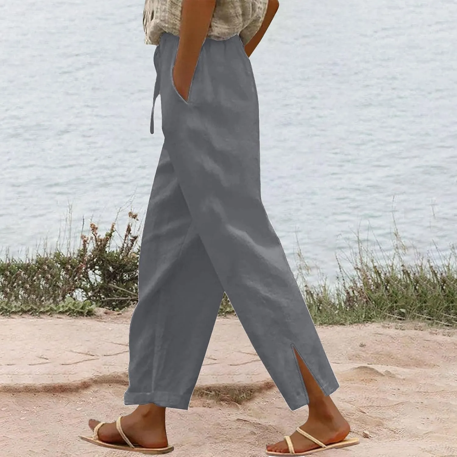 Linen Pants for Women 2025 Summer Casual Lightweight Drawstring Elastic Waist Pants Straight Leg Lounge Trousers