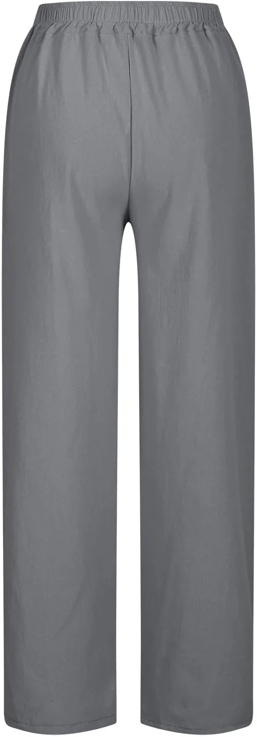 Linen Pants for Women 2025 Summer Casual Lightweight Drawstring Elastic Waist Pants Straight Leg Lounge Trousers