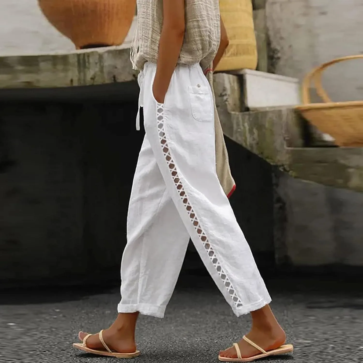 Linen Pants for Women 2025 Summer High Waist Elastic Straight Leg Lounge Pant Casual Loose Beach Lightweight Trousers