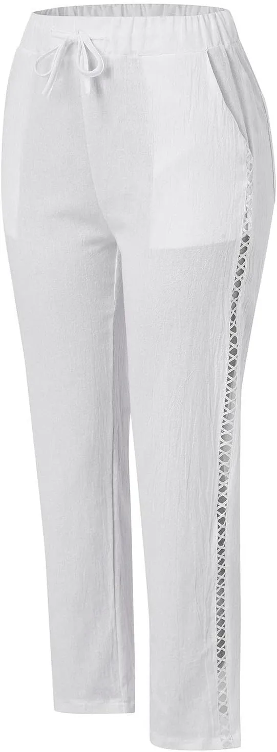 Linen Pants for Women 2025 Summer High Waist Elastic Straight Leg Lounge Pant Casual Loose Beach Lightweight Trousers