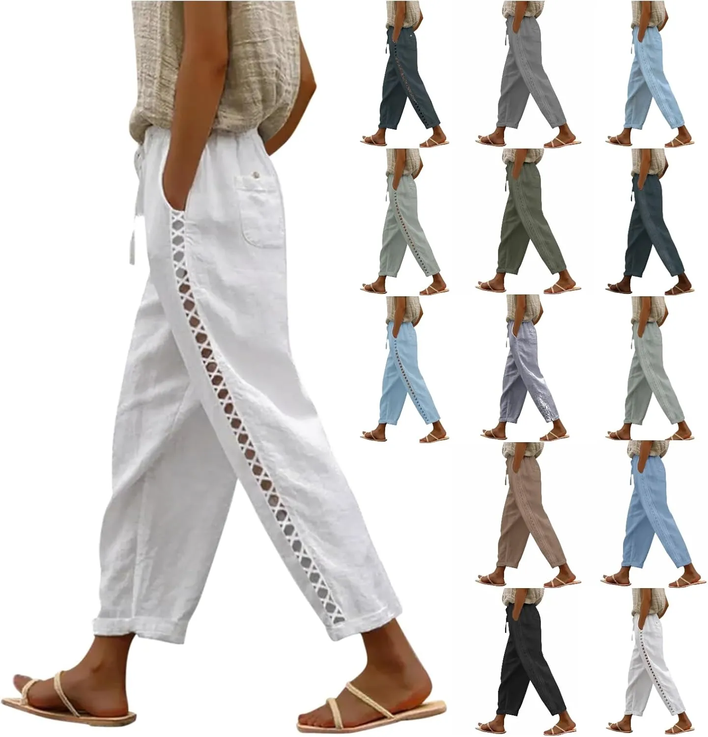 Linen Pants for Women 2025 Summer High Waist Elastic Straight Leg Lounge Pant Casual Loose Beach Lightweight Trousers