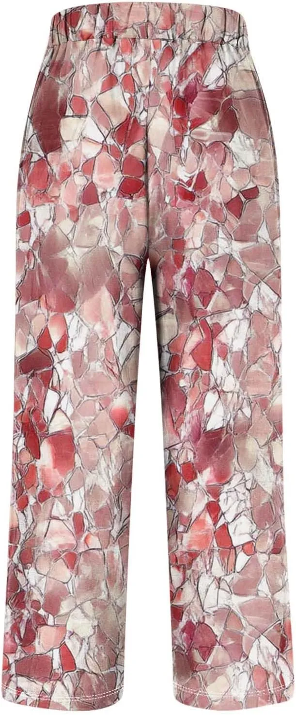 Linen Pants for Women Casual Tropical Floral Printed Rolled Pants Elastic High Waist Drawstring Summer Trousers