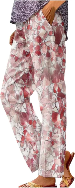 Linen Pants for Women Casual Tropical Floral Printed Rolled Pants Elastic High Waist Drawstring Summer Trousers