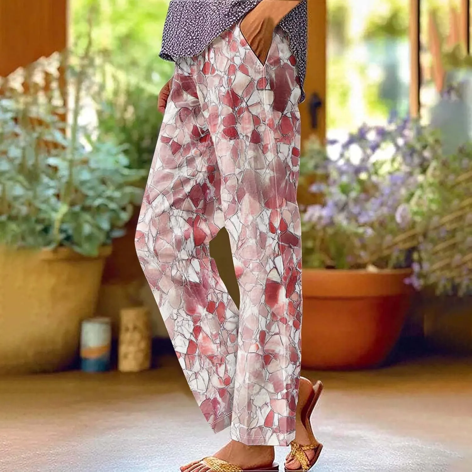 Linen Pants for Women Casual Tropical Floral Printed Rolled Pants Elastic High Waist Drawstring Summer Trousers