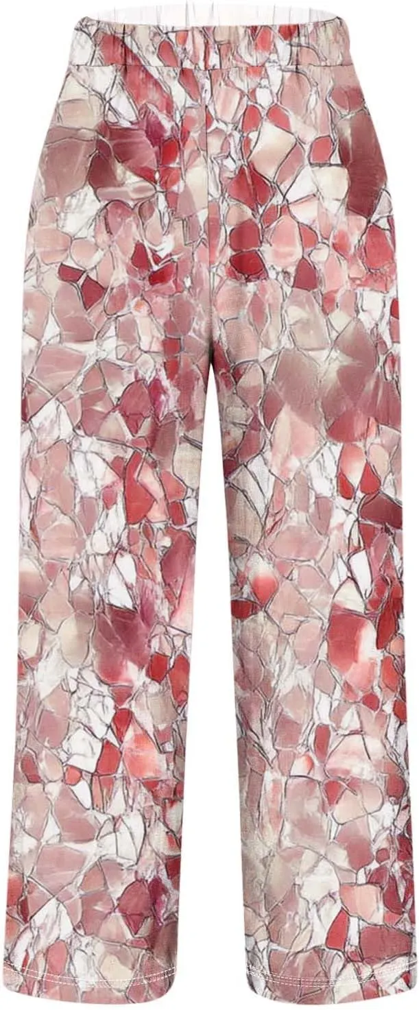 Linen Pants for Women Casual Tropical Floral Printed Rolled Pants Elastic High Waist Drawstring Summer Trousers