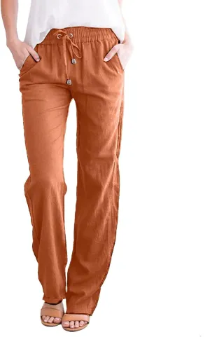 Linen Pants for Women High Waist Casual Wide Leg Pants Drawstring Summer Pants with Pockets Beach Palazzo Pants Trousers, 3X-Large, #B7-orange