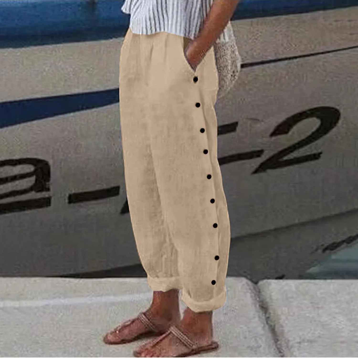 Linen Pants for Women Summer Casual Elastic High Waisted Straight Leg Lounge Pants Beach Loose Lightweight Trousers