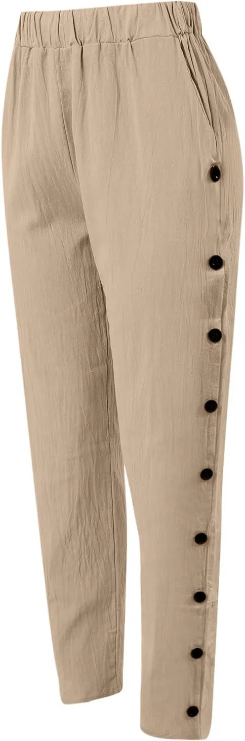 Linen Pants for Women Summer Casual Elastic High Waisted Straight Leg Lounge Pants Beach Loose Lightweight Trousers
