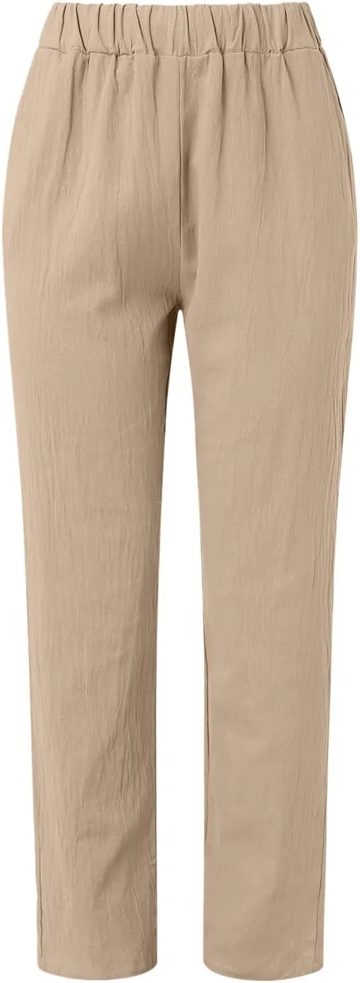 Linen Pants for Women Summer Casual Elastic High Waisted Straight Leg Lounge Pants Beach Loose Lightweight Trousers