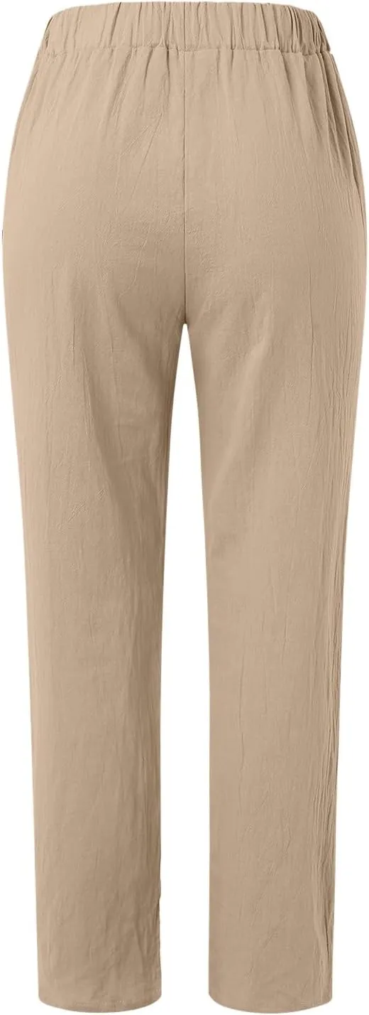 Linen Pants for Women Summer Casual Elastic High Waisted Straight Leg Lounge Pants Beach Loose Lightweight Trousers