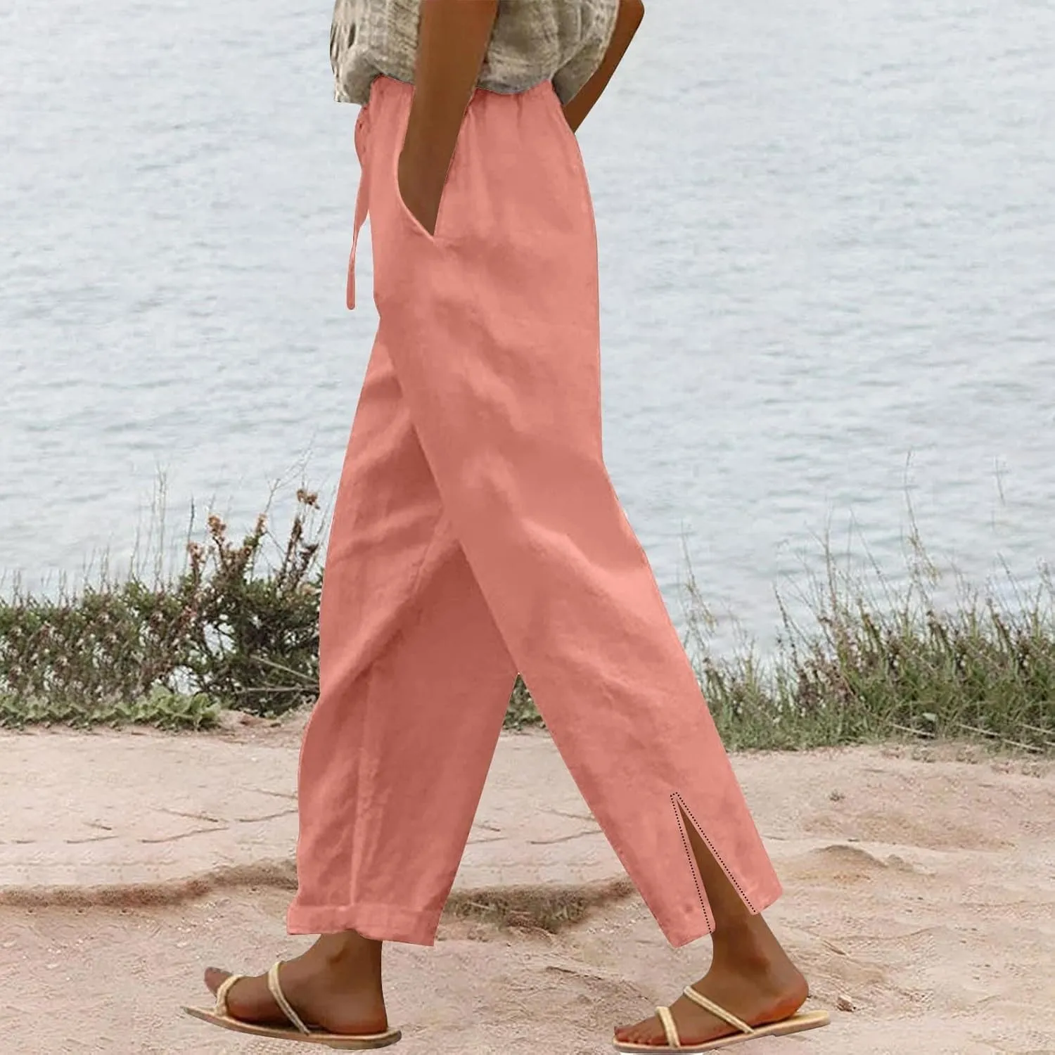 Linen Pants for Women Summer High Waist Elastic Straight Leg Lounge Pant 2025 Casual Loose Lightweight Beach Trousers