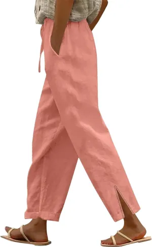 Linen Pants for Women Summer High Waist Elastic Straight Leg Lounge Pant 2025 Casual Loose Lightweight Beach Trousers
