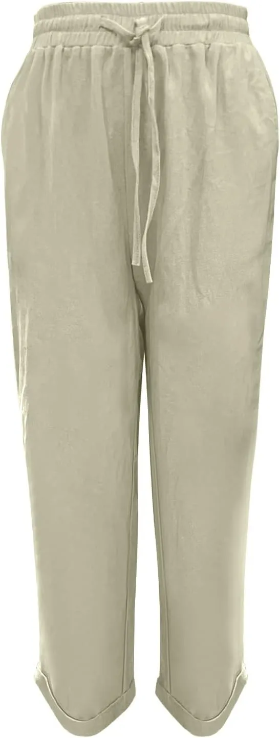 Linen Pants for Women Summer Lightweight High Waist Baggy Pants Loose Fit Comfy Straight Leg Trouser with Pockets