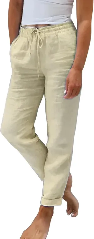 Linen Pants for Women Summer Lightweight High Waist Baggy Pants Loose Fit Comfy Straight Leg Trouser with Pockets