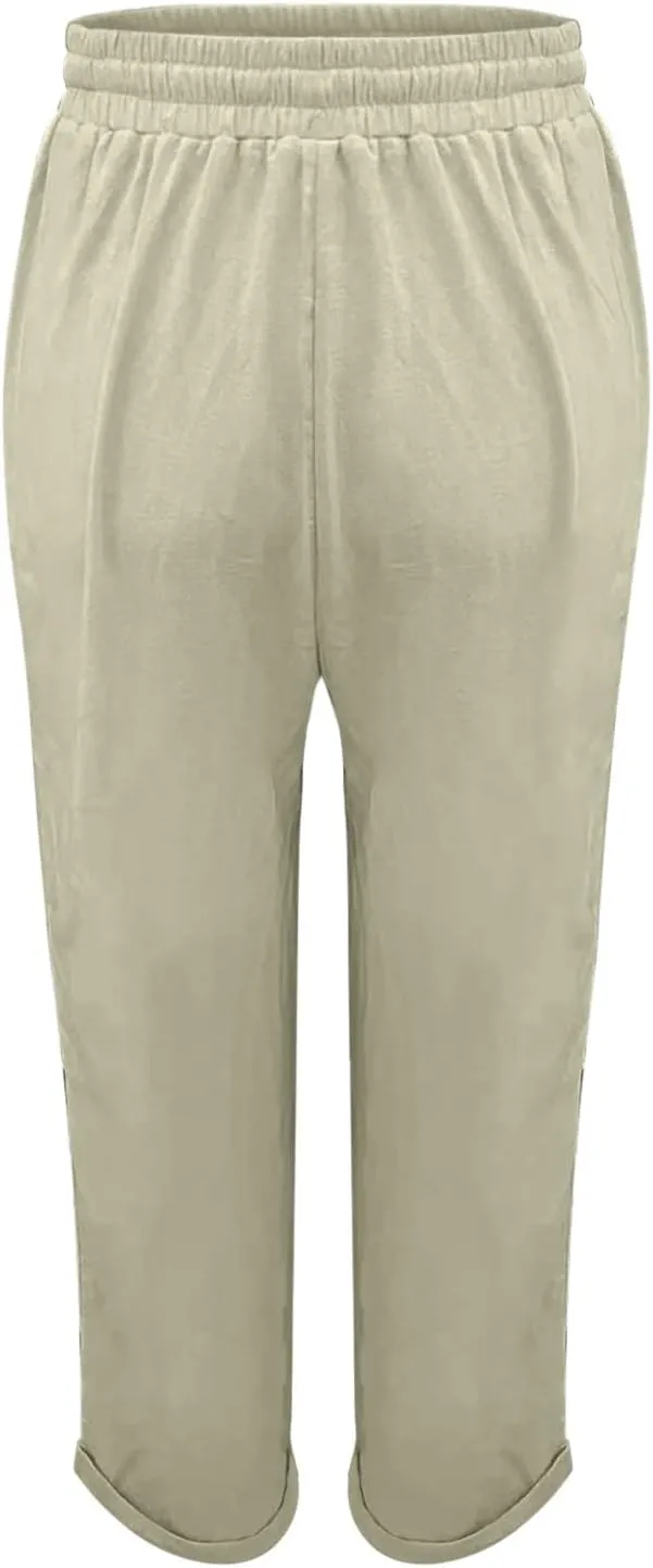 Linen Pants for Women Summer Lightweight High Waist Baggy Pants Loose Fit Comfy Straight Leg Trouser with Pockets