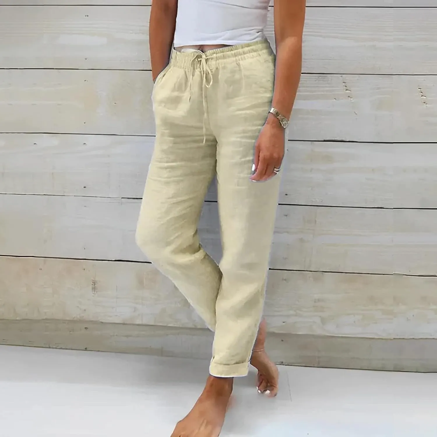 Linen Pants for Women Summer Lightweight High Waist Baggy Pants Loose Fit Comfy Straight Leg Trouser with Pockets