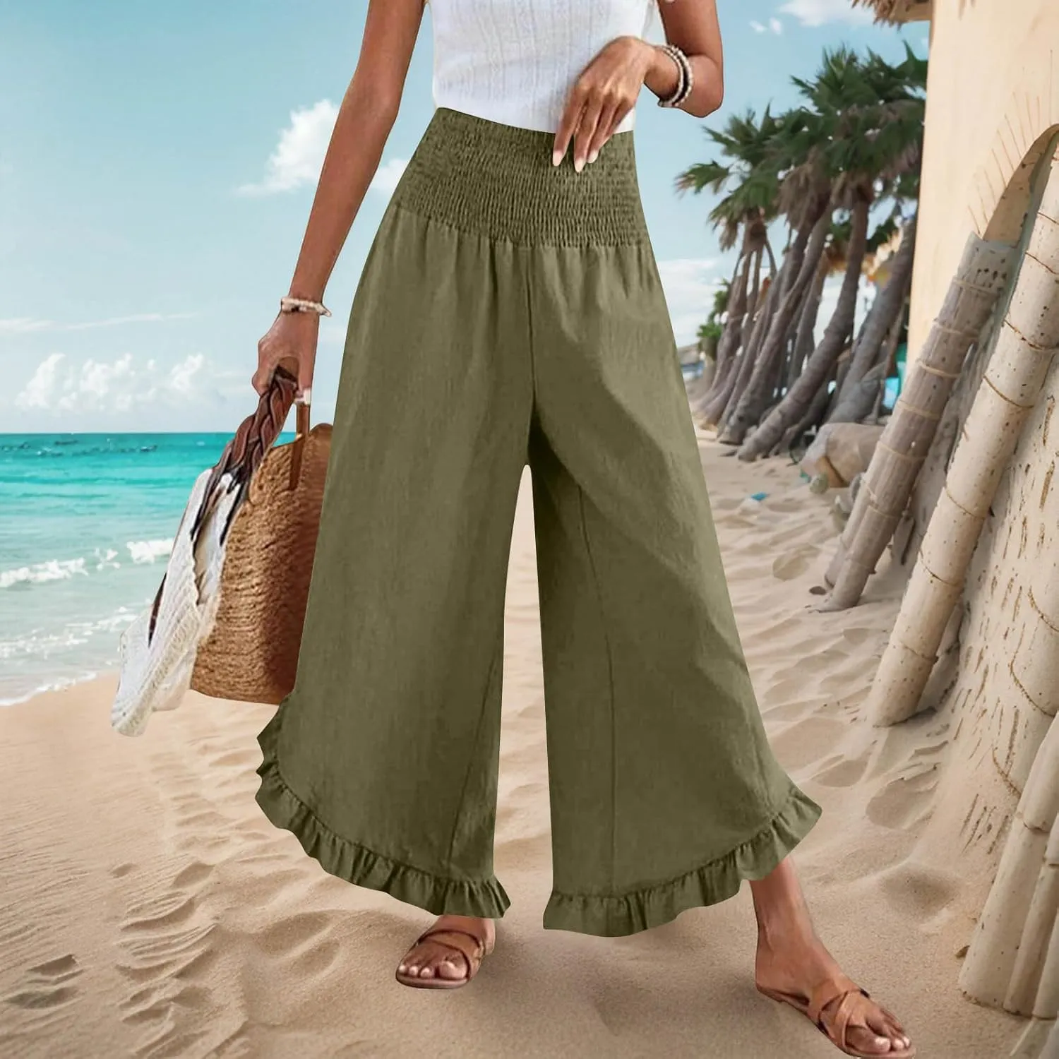 Linen Pants for Women Summer Wide Leg High Waisted Flowy Palazzo Casual Solid Smocked Beach Capri Trousers