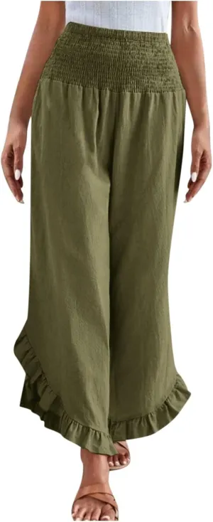 Linen Pants for Women Summer Wide Leg High Waisted Flowy Palazzo Casual Solid Smocked Beach Capri Trousers