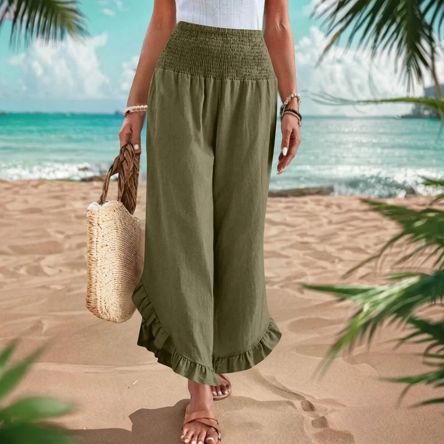 Linen Pants for Women Summer Wide Leg High Waisted Flowy Palazzo Casual Solid Smocked Beach Capri Trousers
