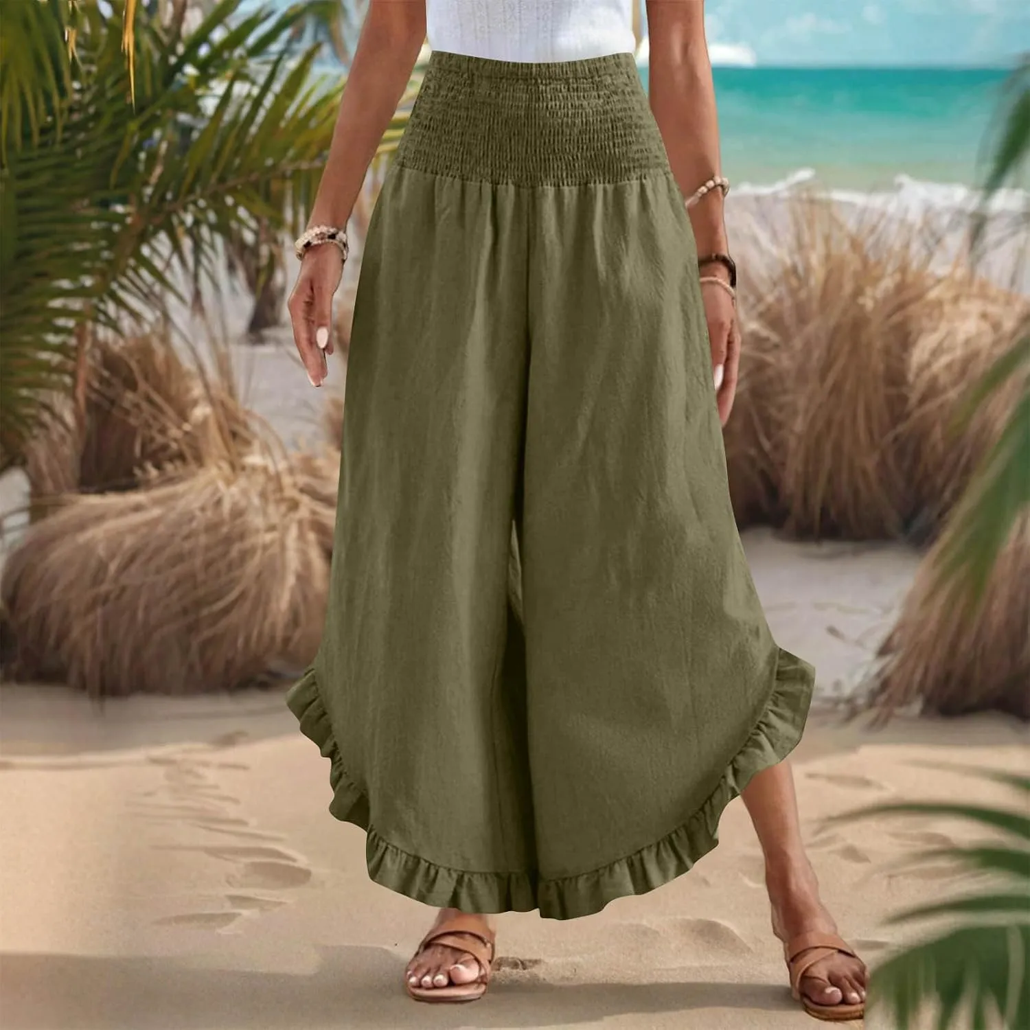 Linen Pants for Women Summer Wide Leg High Waisted Flowy Palazzo Casual Solid Smocked Beach Capri Trousers