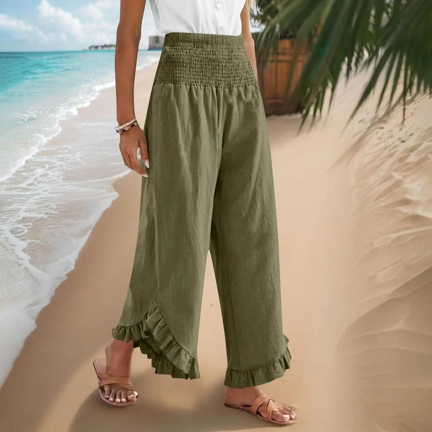 Linen Pants for Women Summer Wide Leg High Waisted Flowy Palazzo Casual Solid Smocked Beach Capri Trousers